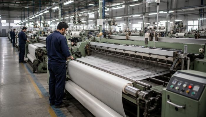 اپراتور دستگاه تخت بافی درحال کار